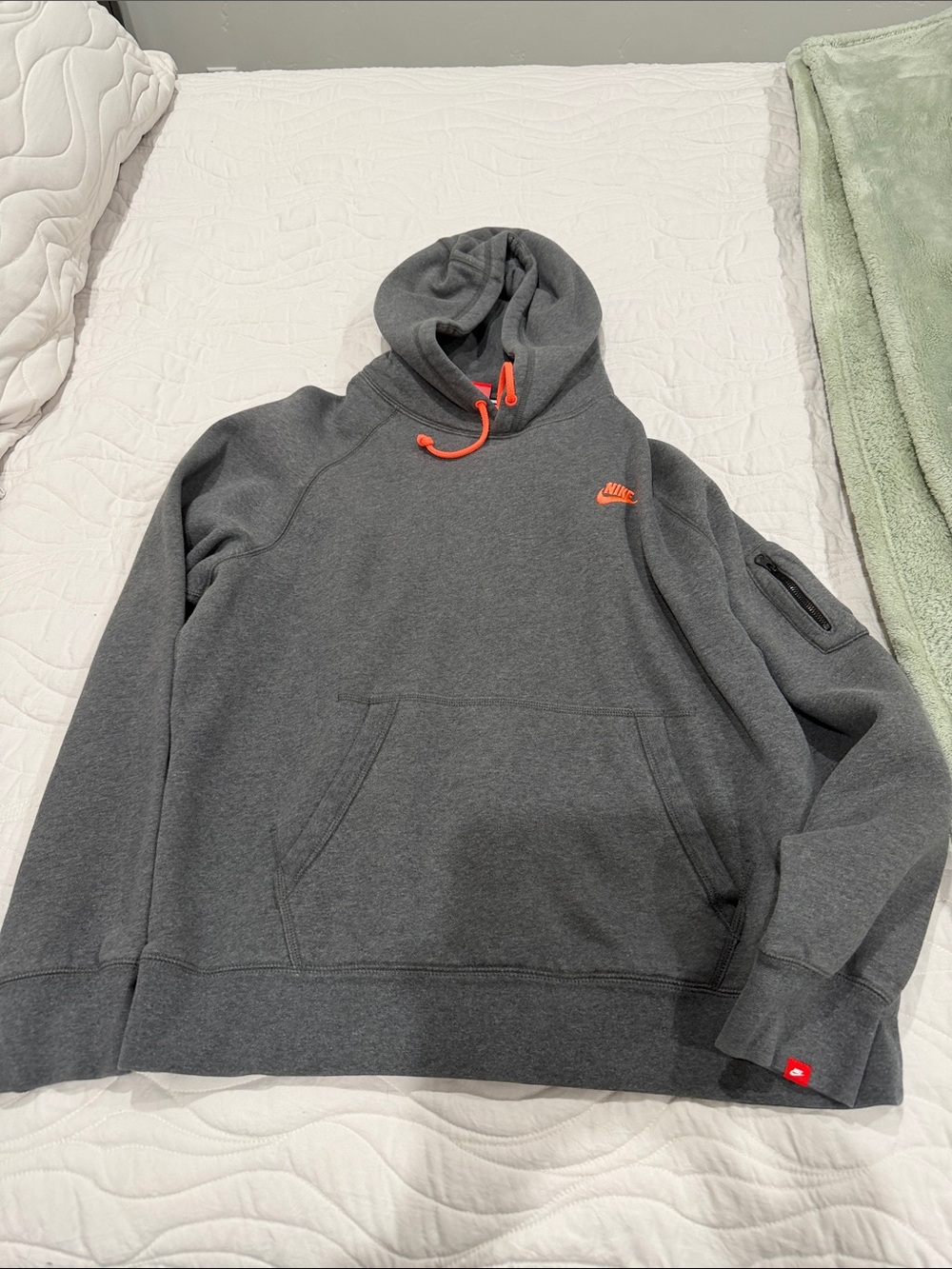 Nike Gray Pullover Hoodie with Orange Logo & Drawcord